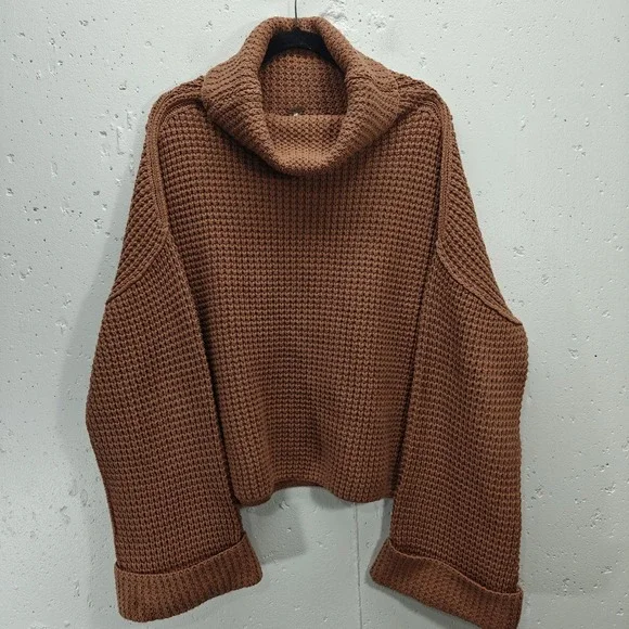 Free People Womens Medium Sweater Burnt Orange Oversized Cowl Neck Chunky Knit - Picture 1 of 7